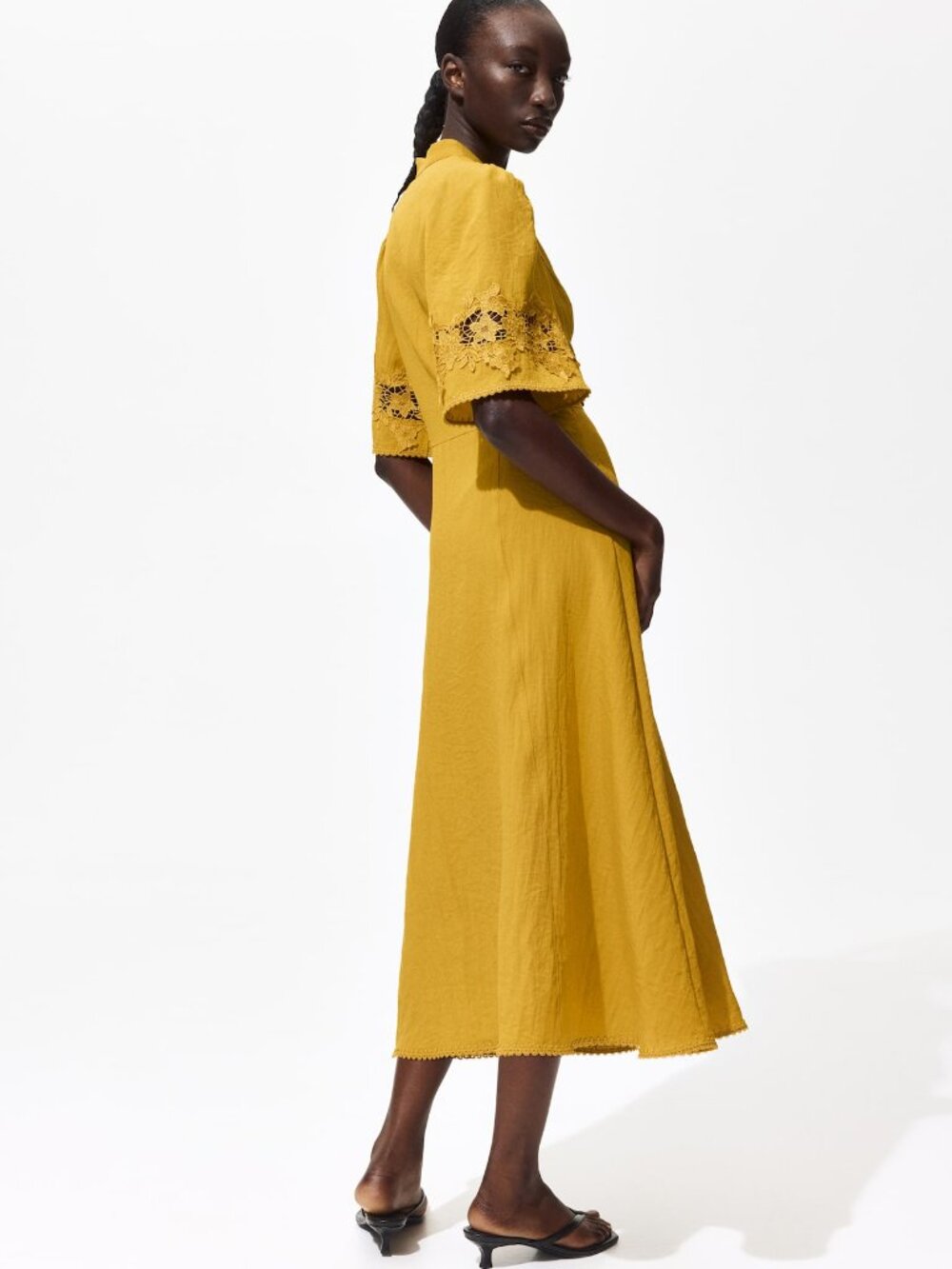 H&M Dark Mustard Crinkled Dress with Eyelet Embroidery - Picture 2 of 3